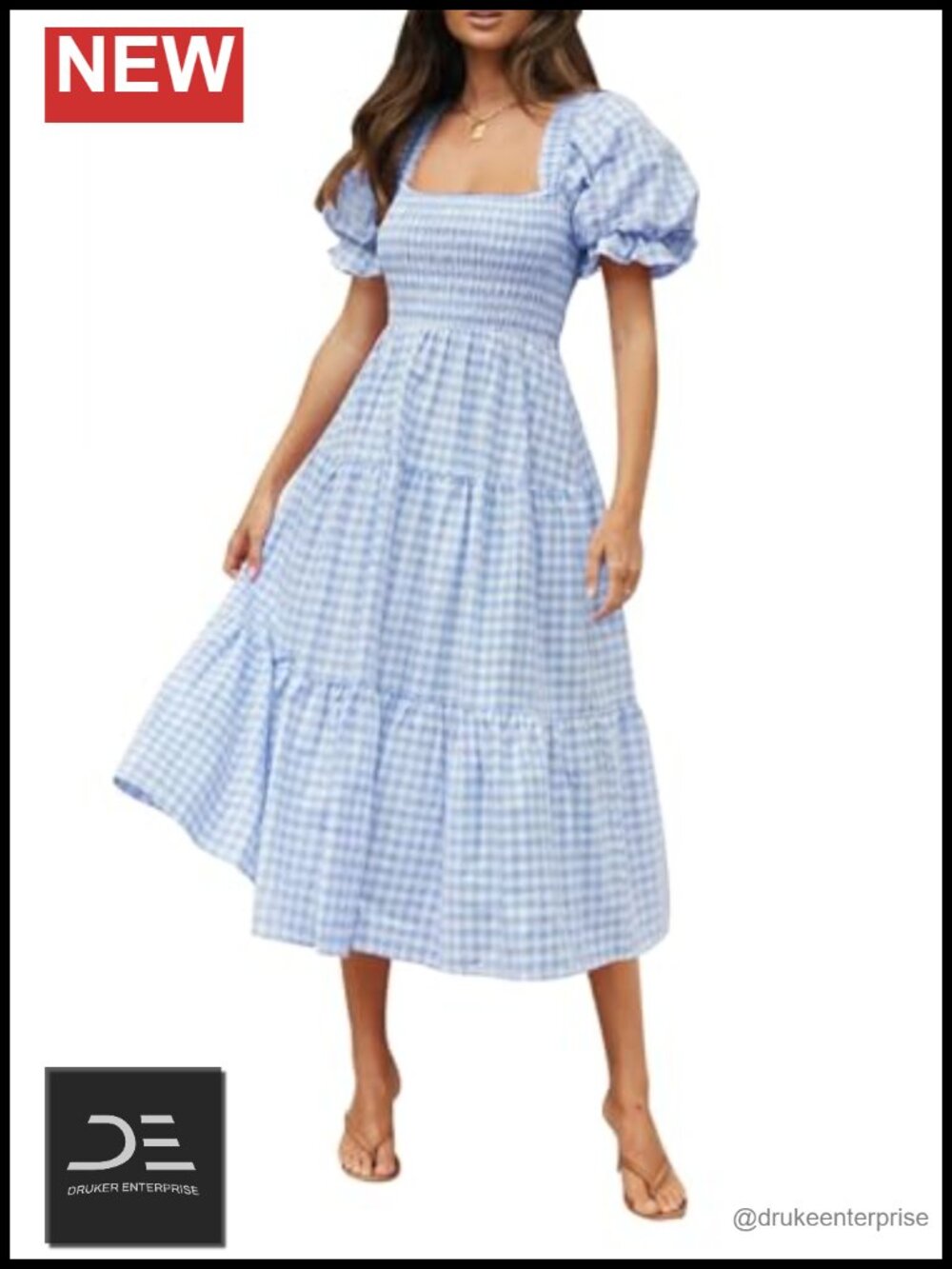 Women's Summer Boho Gingham Puff Sleeve Square Neck Beach Midi Dress
